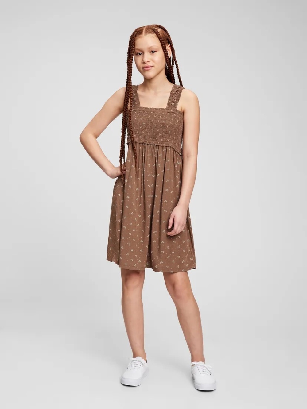 New GAP Teen Brown Smocked Sundress with White Floral Dots LENZING ECOVERO TANK